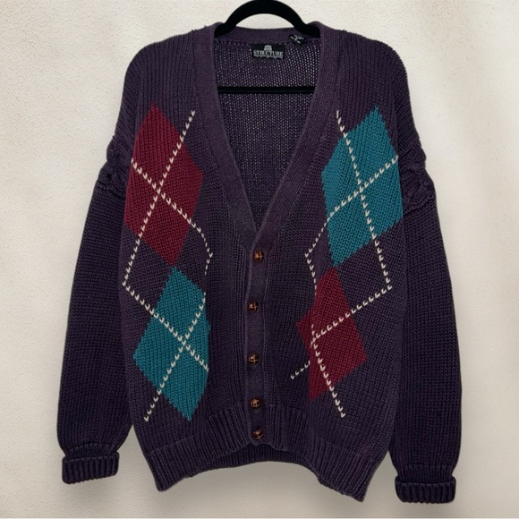 Vintage Chunky Knit Cardigan Sweater Structure Geometric Purple Size Medium - Picture 1 of 5